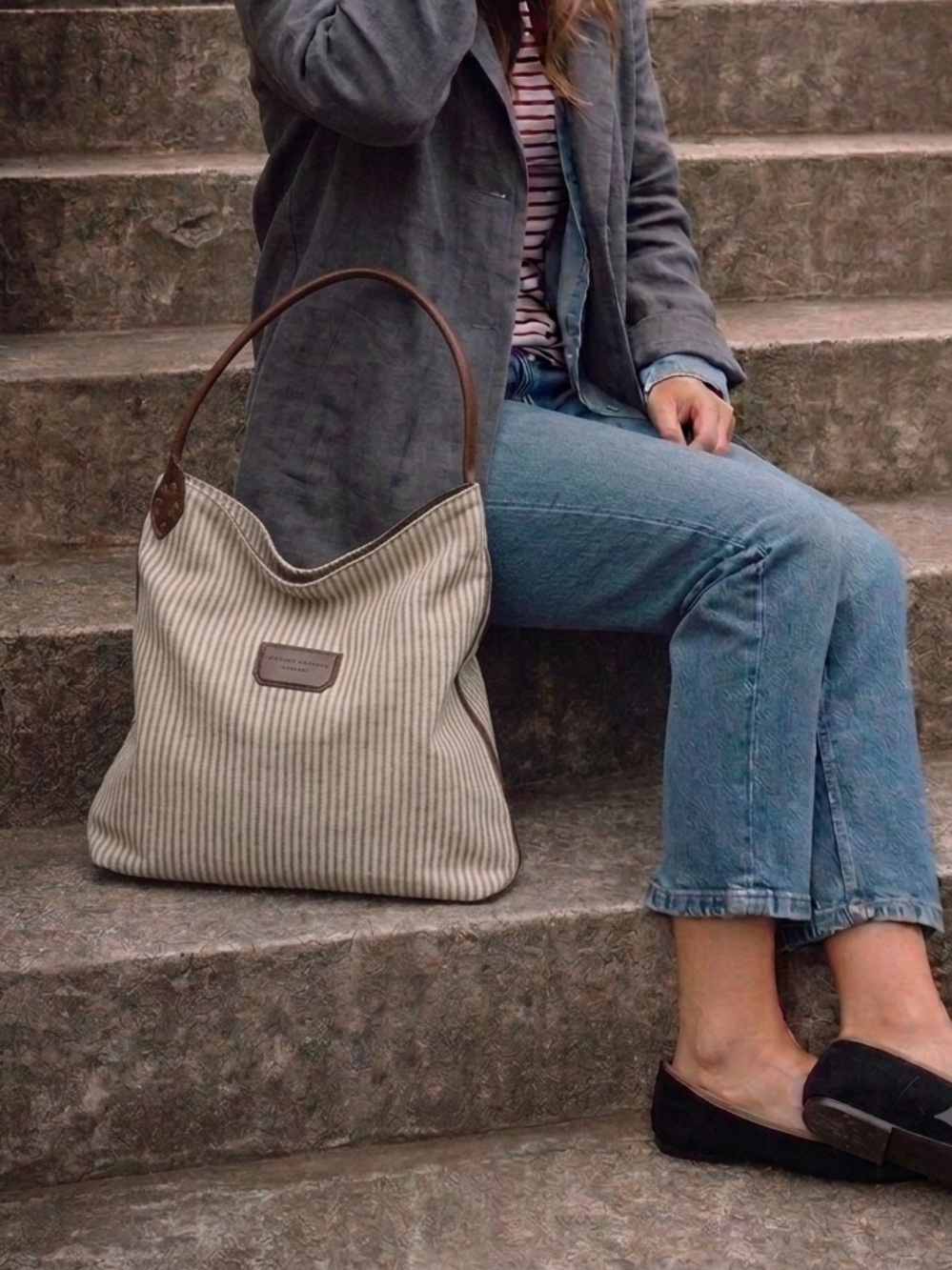 PROENZA SCHOULER $770 vintage 2012 striped canvas leather tote made in Italy